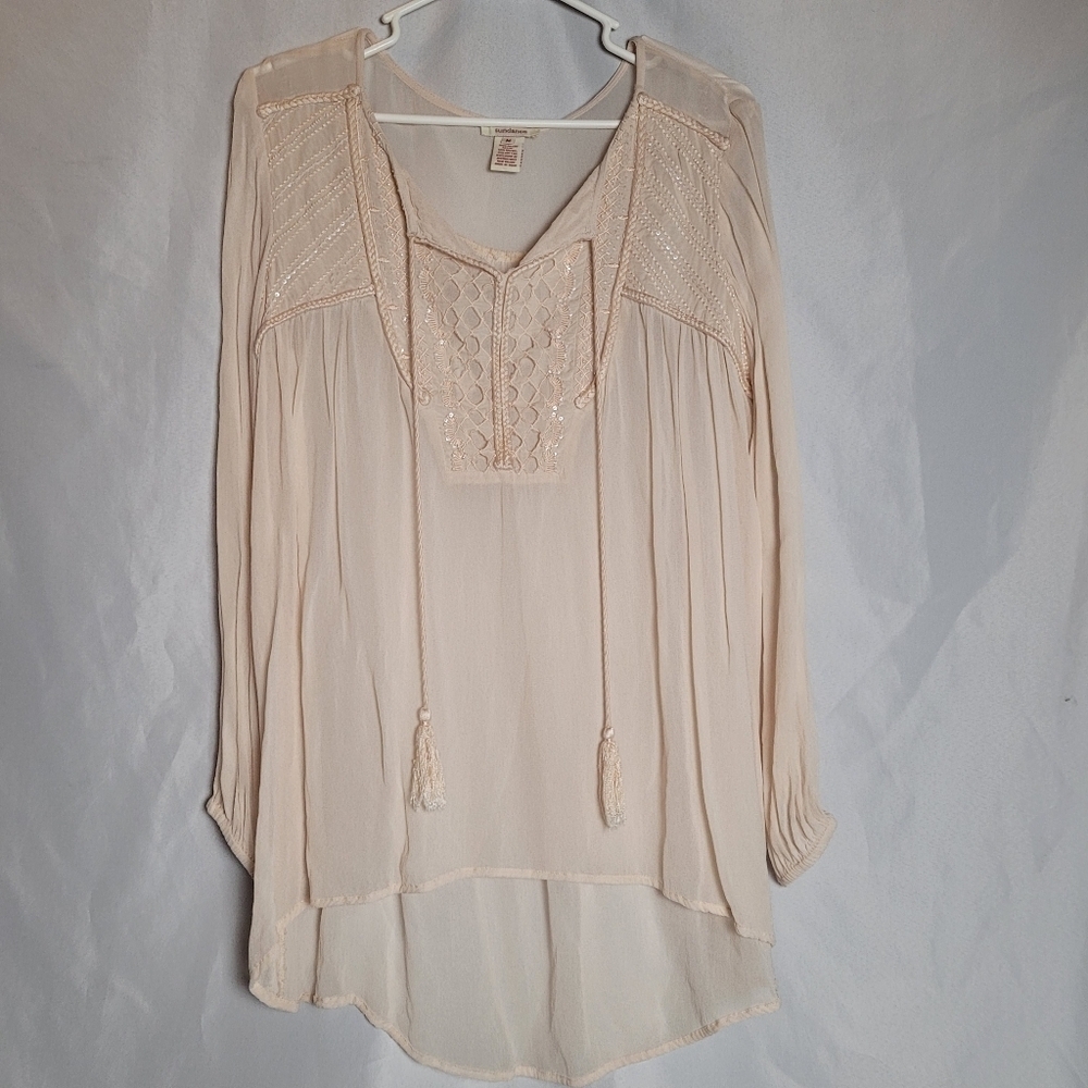 Sundance Long Sleeve Semi Sheer Nude/Cream Peasant Boho Blouse W/ Tassels Sz M
